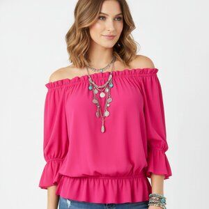 Nwot Lauren Ralph Lauren Hot Indian Pink Off-Shoulder Ruffle Blouse Sz PM